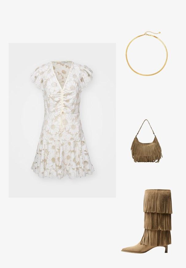 Valkoinen mekko puffih高清在线观看, jossa on brodeerattuja päivänkakkaroita ja nyörivetoketju edessä. Vettävä hame rypytetyllä helmaresorilla.; Fringe nilkkurit vaaleassa mokassa, joissa on kolme kerroksellista fringia. Teräväkärkiset ja matalalla blokkikorkealla varustetut. Tasainen pinta kauttaaltaan.; Ruskea mokkanahkainen käsilaukku, jossa on pitkät fringer yksityiskohdat, kaareva muoto ja yksi olkahihna. Pinta on sileä ja teksturoitu.; Kulta verkko kaulaketju, jossa on litteä ja joustava muotoilu. Varustettu ketjusäätimellä pituuden säätämiseksi. Sujuva pinta, minimalistinen ilme.