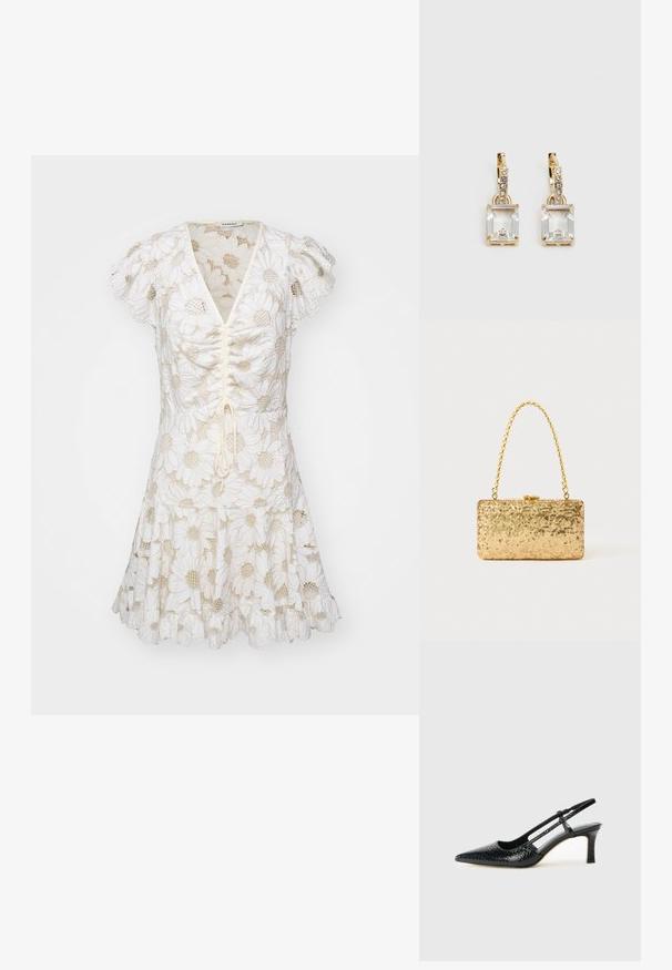 Balta kleita ar pūkainām piedurknēm, kas rotāta ar izšūtām margrietiņu zīmēm un un ar aukliņu priekšpusi. Paplatināta svārku daļa ar viļņotu apakšmalu.; Melna patent āda ar slīdošo papēdi un smailo purngalu, ar teksturētu čūsku drukājumu, regulējamu siksniņu un īsu teksturētu blokpapēdi.; Zelta sekmju soma ar taisnstūra formu, kurai ir savīti ķēdes rokturi un metāla aizdare, kas atspoguļo gaismu ar teksturētu apdari.; Zeltītas auskaru rotas, kuru centrā ir taisnstūra formas caurspīdīgs kristāls, kas karājas zem mazu, apaļu caurspīdīgu akcentu rindas. Elegants, mūsdienīgs dizains.