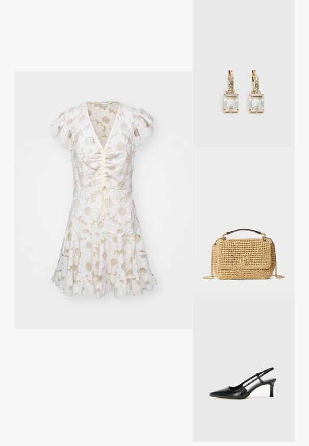 Biele šaty s vypchatými rukávmi, ktoré majú vyšívané vzory sedmokrások a príťahovací predný diel. Rozšírená sukňa s volánovým lemom.; Čierne patentové slingback topánky na ihlovom podpätku s špicatou špičkou, s textúrovaným hadím vzorom, nastaviteľným popruhom a krátkym, textúrovaným blokovým podpätkom.; Tkaná slamienková kabelka v prírodnej béžovej farbe. Obsahuje logo v zlatej farbe, reťazový popruh a hnedú hornú rukoväť. Obdĺžnikový tvar s klopou na zatvorenie.; Náušnice v zlatej farbe, ktoré majú obdĺžnikový, transparentný kryštál visiaci pod radom malých, guľatých, čírych akcentov. Elegantný, moderný dizajn.