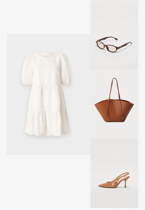 Bela teksturirana obleka z okroglim izrezom, kratkimi naborki in večplastnim, volanastim robom. Značilnost je podrobnost zapiranja na hrbtu.; Slinčaste pete z ostro konico v gladkem, sijočem bež materialu. Imajo ukrivljen rez in vitko stiletto peto. Podrobnost s srebrno zaponko.; Očala iz morskega želvovca z zaobljeno obliko in svetlimi lečami. Imajo trde ročke z majhnimi zlatimi detajli, narejena so iz plastičnega materiala.; Rjava usnjena torba tote z široko, strukturirano obliko, tankimi ročaji in teksturirano površino. Opremljena je z minimalističnim oblikovanjem brez vidne opreme.
