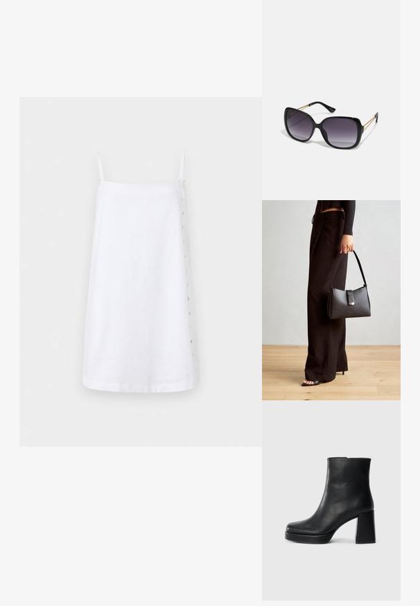 Rochie albă din in, cu bretele subțiri, croială dreaptă și detaliu cu nasture lateral pentru închidere. Textură netedă cu un design minimalist.; Botină din piele neagră, cu toc pătrat și talpă platformă, văzută din lateral pe un fundal alb simplu.; Ochelari de soare negri, supradimensionați, cu lentile degradate, rame groase și detalii cu lanț de ton auriu pe brațele templului.; Genți negre cu o formă structurată, textură netedă și un închizător metalic. Asortată cu pantaloni negri largi și sandale cu vârf deschis pe un podea din lemn.