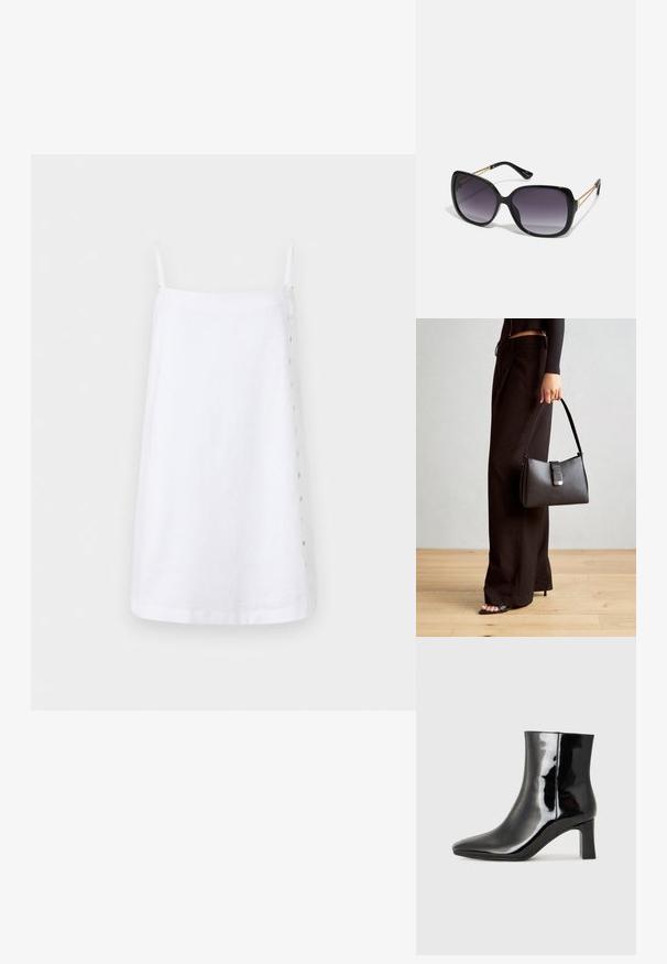 Bílé lněné šaty s tenkými ramínky, rovným střihem a bočním knoflíkem jako uzávěrem. Hladká textura s minimalistickým designem.; Černé lakované kotníkové boty s špičatou špičkou a středně vysokým blokovým podpatkem. Hladká textura a minimalistický design.; Černé oversized sluneční brýle se gradientními skly, silnými rámy a zlatými řetízkovými detaily na nožičkách.; Černá kabelka se strukturovaným tvarem, hladkým povrchem a kovovým uzávěrem. Kombinována s širokými černými kalhotami a sandály s otevřenou špičkou na dřevěné podlaze.