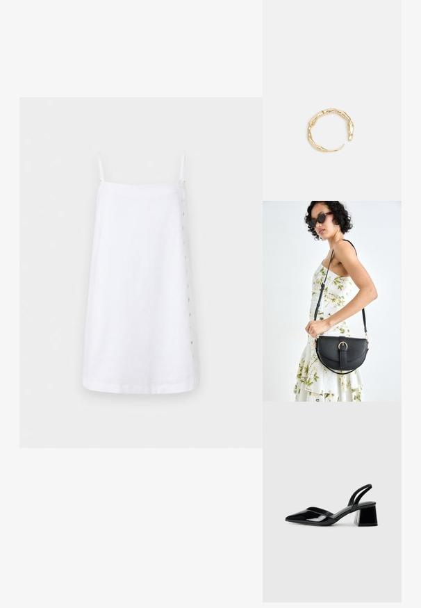 Robe en lin blanc à fines bretelles, coupe droite, avec un détail de bouton latéral pour la fermeture. Texture lisse avec un design minimaliste.; Escarpins en cuir verni noir avec bout pointu et talon bloc géométrique. Présente un design élégant et minimaliste ainsi qu'une texture lisse.; Sac à main en cuir noir avec une forme courbée, bandoulière amovible et des accessoires en or. Le sac est doté d'un rabat avec un détail de boucle.; Bague en or ornée d'un design organique et torsadé, avec une texture lisse et des extrémités effilées, créant une apparence moderne et sculpturale.
