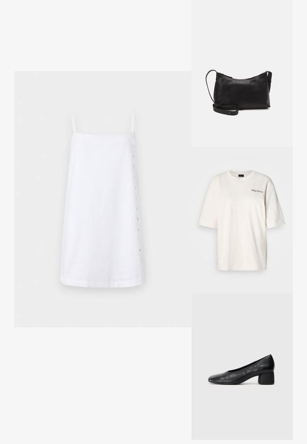 Fehér lenruha vékony pántokkal, egyenes szabással és oldalsó gombos záródással. Simább tapintás a minimalista dizájnhoz.; Fehér, rövid ujjú, kerek nyakú póló, amelyen a "PARK AVENUE" felirat barna színben látható a bal felső mellrészen.; Fekete bőr magassarkú cipő, lekerekített orral és közepes blokk sarkú. Simább textúrájú, minimális díszítéssel, finom elasztikus nyílással.; Fekete bőr válltáska sima felülettel, ívelt formával, állítható pánttal és cipzáras záródással. Minimalista dizájn díszítmények nélkül.