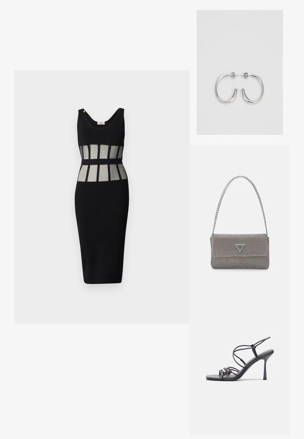 Vestido preto justo com decote arredondado, apresentando painéis transparentes com padrões geométricos na cintura e uma silhueta ajustada.; As sandálias de salto alto pretas apresentam tiras finas com um design em nó, uma biqueira quadrada lisa e um elegante salto agulha.; Bolsa metálica cinza claro com uma alça de corrente, adornada com pequenos rebites metálicos circulares e um logótipo triangular da marca.; Brincos de argola prateados com um acabamento suave e brilhante. Forma arredondada, design leve, com fecho de pino.