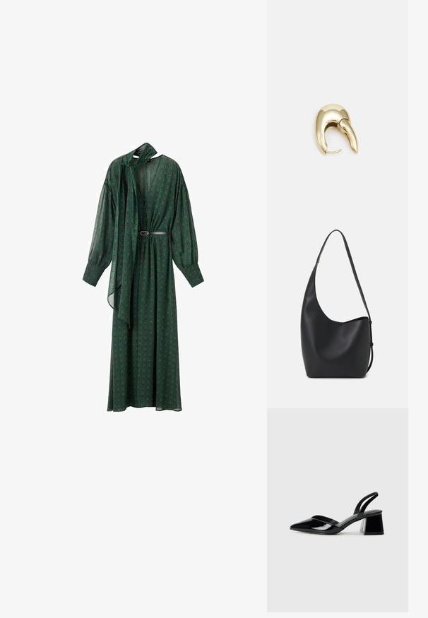 Rochie lungă verde, cu un model floral, având un guler legat, mâneci voluminoase și o curea care accentuează talia. Fabricată dintr-un material ușor.; Pantofi cu toc slingback din piele lacuită neagră, cu vârf ascuțit și toc geometric. Prezintă un design elegant, minimalist și o textură netedă.; Geantă hobo din piele neagră, cu o textură netedă, formă curbată și un singur bretele ajustabil; are o deschidere largă în partea de sus.; Cercei din metal de culoare aurie cu un design elegant și curbat. Prezintă o formă distinctivă, ascuțită, o suprafață lustruită și un sistem de închidere cu balama.