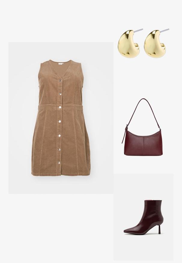 Braunes Cordkleid mit V-Ausschnitt, ärmellosem Design und vorderem Knopfverschluss. Verfügt über vertikale Nähte und eine taillierte Passform.; Burgunderfarbene Lackleder-Stiefelette mit spitzem Zehenbereich und schlankem Stilettosc heel, die eine glatte, glänzende Textur und ein minimalistisches Design aufweist.; Bordeauxfarbene Ledertasche mit geschwungener Form, einem einzigen Schulterriemen und gesteppten Details in der Mitte. Glatte Textur, minimales Zubehör.; Goldfarbene Ohrringe mit einer glatten, runden Form, die eine reflektierende Oberfläche und einen Steckverschluss für sicheren Halt aufweisen.