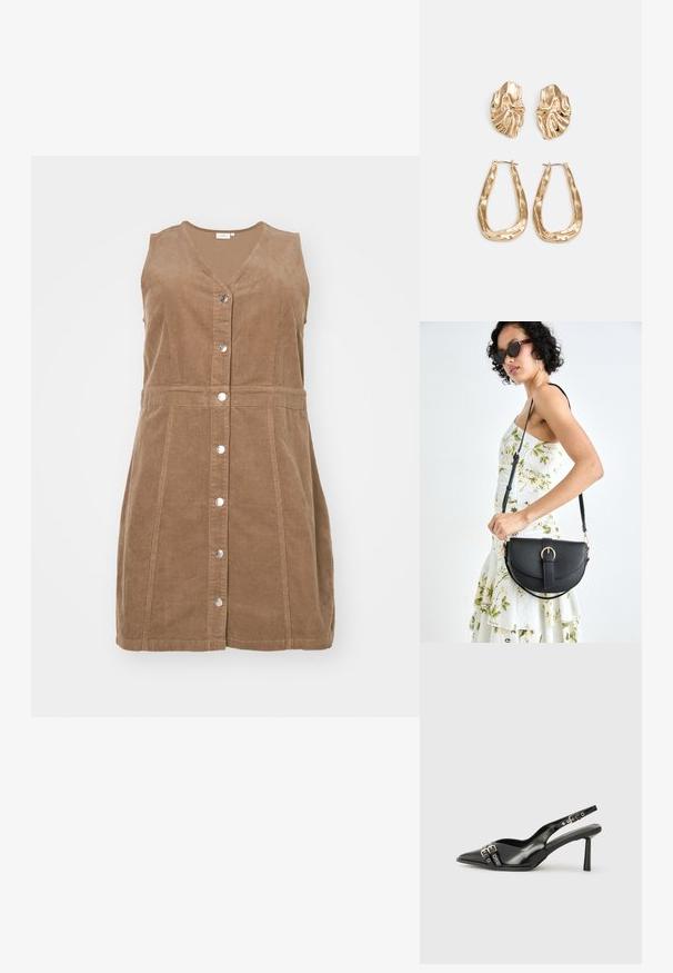 Rochie din catifea maro cu decolteu în V, fără mâneci și închidere frontală cu nasturi. Prezintă cusături verticale și o talie ajustată.; Pantofii slingback din piele lăcuită neagră, cu vârf ascuțit, bretele pentru gleznă cu catarame și accesorii din argint, și un toc subțire.; Geantă din piele neagră, cu o formă curbată, curea detașabilă și accesorii aurii. Geanta are un capac cu un detaliu tip cataramă.; Cercei aurii cu forme texturate și ondulate. Include studs sculpturale cu clip și un design de cerc deschis cu un finisaj cioplit.