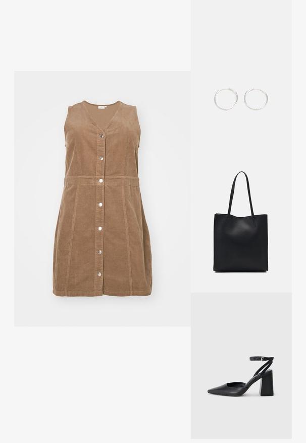 Smeđi kordura haljina s V-izrezom, bez rukava i prednjim kopčanjem na dugmad. Ima vertikalne šavove i struk koji se ističe.; Crne kožne cipele s špicastim vrhom, remenom oko gležnja i debelim potplatom. Ravna tekstura, elegantan dizajn i minimalistička estetika.; Crna kožna torba za nošenje s glatkom teksturom, pravokutnim oblikom i dvije duge ručke. Nema vidljivih metalnih dijelova ili ukrasa.; Srebrne okrugle naušnice jednostavnog dizajna, s glatkom površinom i bez vidljivih ukrasa. Promjer nije specificiran.