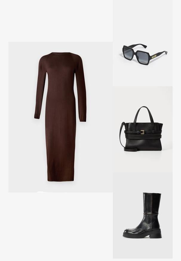 Barna, hosszú ujjú kötött ruha kerek nyakkivágással és testhez simuló fazonnal, amely a térd közepéig ér. Puha, sima textúrájú, minimális részletezéssel.; Fekete bőr bokapucs blokksarkúval, kontrasztos varrással és ívelt orr kialakítással. Simább textúra, elegáns vonalvezetés.; Fekete négyzet alakú napszemüveg szürke átmenetes lencsékkel; diszkrét díszítések és sárga "MOSCHINO" feliratozás az szárán.; Fekete bőr kézitáska strukturált dizájnnal, párhuzamos felső fogantyúkkal, levehető pánttal és arany csat díszítéssel egy vízszintes sávon.