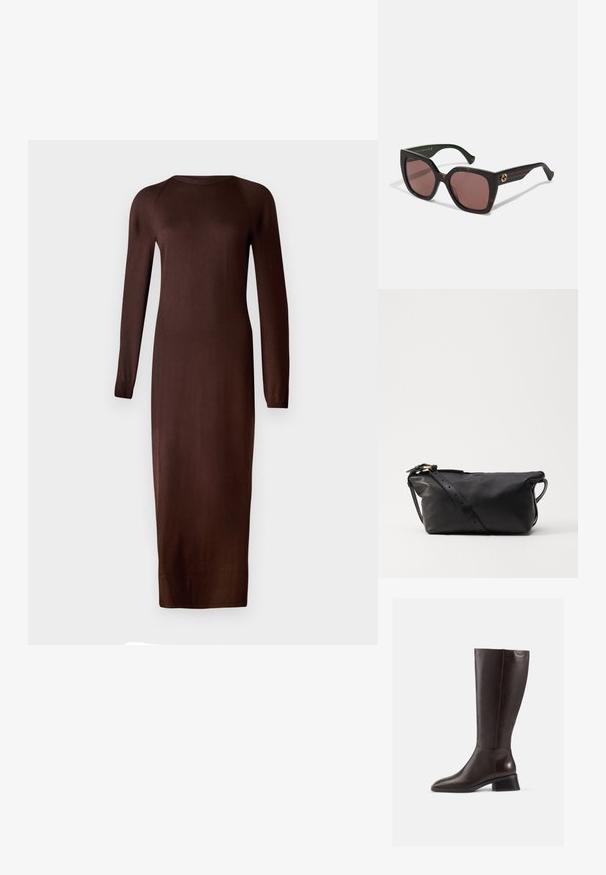 Hnědá pletená šaty s dlouhým rukávem a kulatým výstřihem, s přiléhavým střihem, sahajícími do poloviny lýtek. Měkká, hladká textura s minimálním zdobením.; Hnědé kožené boty po kolena s hladkým povrchem, kulatou špičkou a černým podpatkem. Jednoduchý design s minimem kovových detailů.; Čtvercové sluneční brýle s želvovinovým vzorem, hnědými skly a zlatým logem Gucci na spáncích, zobrazené na bílém pozadí.; Černá kožená taška s měkkým, obdélníkovým tvarem. Obsahuje odnímatelný popruh s nastavitelnými otvory a zlatým uzávěrem. Hladká textura.