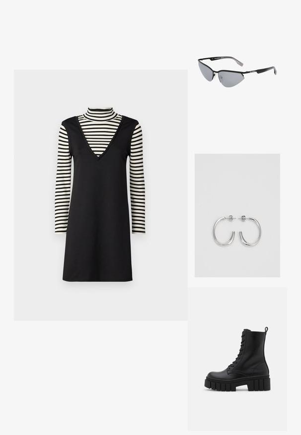 Fekete ruha V-nyakkivágással, csíkos, hosszú ujjú garbó fölé rétegezve. A ruha sima textúrájú és testhezálló sziluettel rendelkezik.; Fekete bőr bokacsizma vastag, bordázott talppal, fűzős elülső résszel és húzófüllel sima fehér háttérrel.; Fekete napszemüveg éles, macska-szem kialakítással. Ezüst tükörlencsék. Karcsú, könnyű műanyag keret, diszkrét logóval a szárakon.; Ezüst karika fülbevalók sima, fényes felülettel. Lekerekített forma, könnyű kialakítással, tűs zárómechanizmussal.