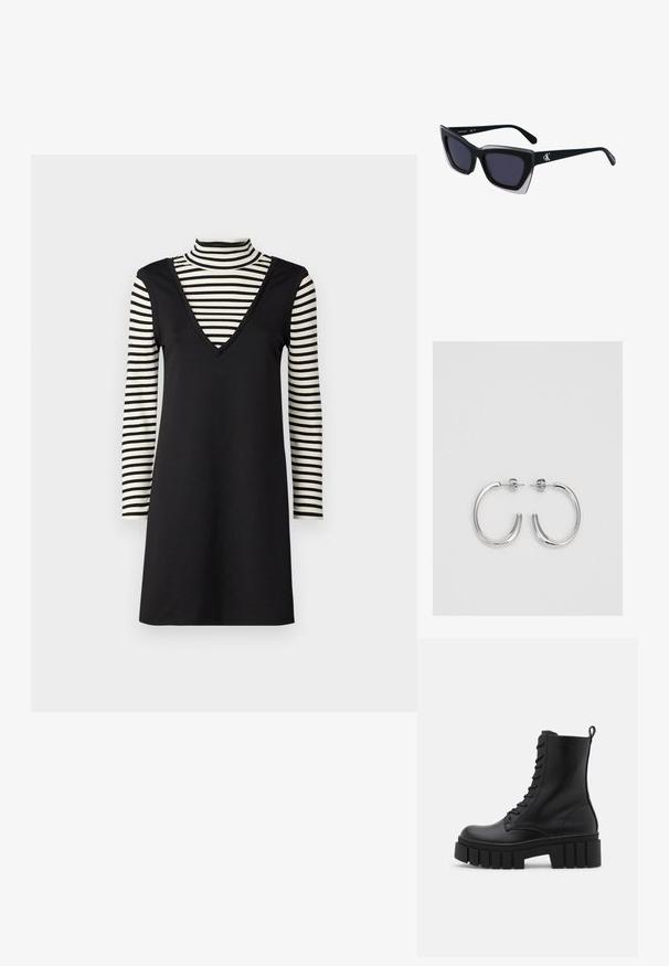 Fekete ruha V-nyakkivágással, csíkos, hosszú ujjú garbó fölé rétegezve. A ruha sima textúrájú és testhezálló sziluettel rendelkezik.; Fekete bőr bokacsizma vastag, bordázott talppal, fűzős elülső résszel és húzófüllel sima fehér háttérrel.; Fekete, nagyméretű napszemüveg geometrikus formával, sötét lencsékkel és kontrasztos szürke részlettel a kereten. Logó a szárán.; Ezüst karika fülbevalók sima, fényes felülettel. Lekerekített forma, könnyű kialakítással, tűs zárómechanizmussal.