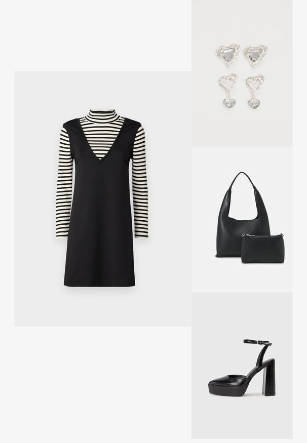 Melnas kleitas ar V veida izgriezumu, pāri uzvilkta svītraina turtlenecka ar garām piedurknēm. Kleitai ir gluda tekstūra un pieguļošs siluets.; Melnas platformas papēžs ar norādītu purngala formu un regulējamu potītes siksniņu. Izgatavotas no gludas ādas, ar masīvu bloku papēdi.; Even&Odd Rokassoma - black; Sudraba sirds formas auskari ir rotāti ar daudzšķautņainiem caurspīdīgiem akmeņiem un ar teksturētu rāmi. Komplektā iekļauti gan pērlīšu, gan pilienu stili.