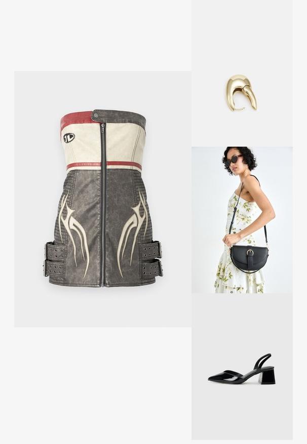 Uten ermer tettsittende vest laget av teksturert svart og beige skinn, med røde detaljer, en sentral glidelås og sidelommer med metallnagler.; Svarte patentlær slingback hæler med spiss tå og geometrisk blokk hæl. Har et stilrent, minimalistisk design og jevn tekstur.; Svart lærveske med en buet form, avtagbar stropp og gullbeslag. Vesken har et klaff med spenne-detall.; Gullfarget metalløredobber med et elegant, buet design. Har en karakteristisk spiss form, polert overflate og hengsel-lukking.
