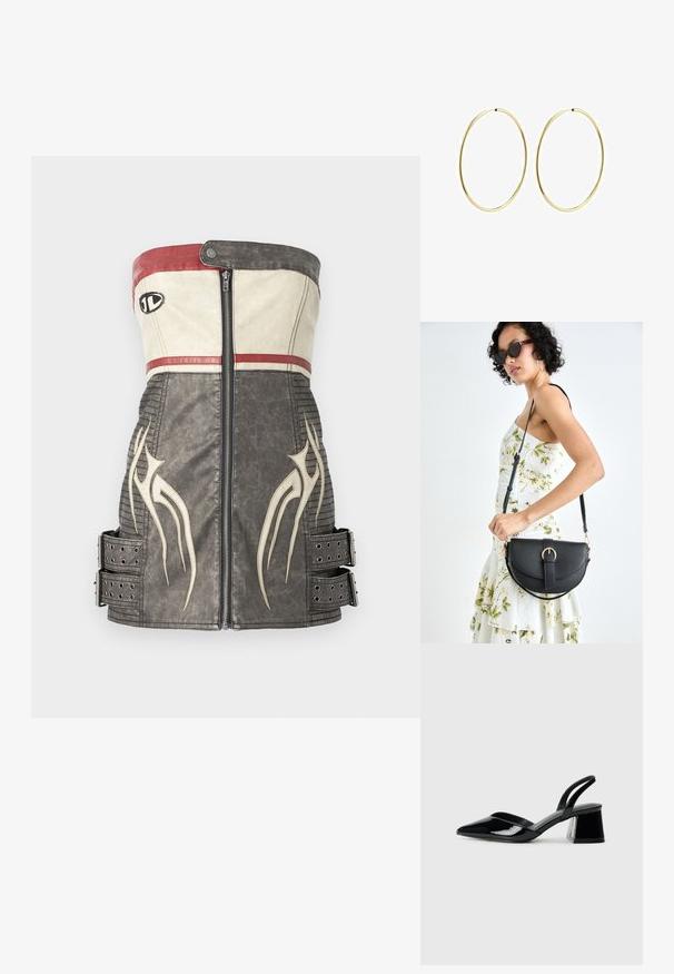 Utan axelbandsanpassad väst i strukturerat svart och beige läder, med röda detaljer, en central dragkedja och sidoremmar med metallnitar.; Svarta lackläder slingback klackar med spetsig tå och geometrisk klack. Har en elegant, minimalistisk design och slät yta.; Svart läderhandväska med en böjd form, avtagbar rem och guldiga detaljer. Väskan har ett lock med en spänndetalj.; Guldörhängen med en slät, rund design. Tunna och lätta, med en kontinuerlig båge utan några utsmyckningar.