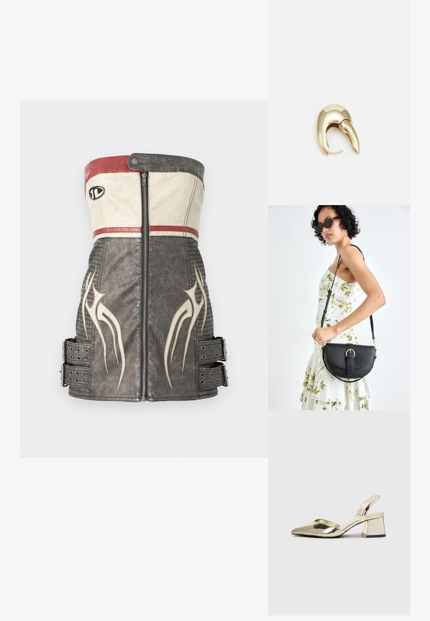 Ruožas be petnešų, prigludęs, pagamintas iš tekstūruotos juodos ir smėlinės odos, su raudonomis detalėmis, centriniais užtrauktukais ir šoninėmis diržais su metaliniais inkrustacijomis.; Auksiniai, metaliniai slingback aukštakulniai bateliai su smailiu pirštu ir masyviu kulnu. Lygus paviršius, minimalizmo dizainas ir siaura juostelė.; Juodas odinis krepšys su išlenkta forma, nuimamu dirželiu ir auksiniais detalėmis. Krepšys turi kilpą su sagtimi.; Aukso tono metalinės auskarai su stilingu, kreiviu dizainu. Išsiskiria ryškiu smailiu pavidalu, poliruota paviršiumi ir užsegimu su vyriu.