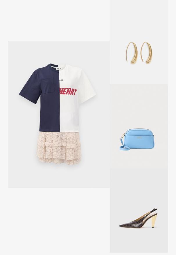 Polovica mornarsko modra, polovica bela bombažna majica z oblogo, izvezena "SRCE" v rdeči barvi, plasten krilo iz lahkega bež materiala.; Slingback peto s koničastim nosom, v temno rjavi sijoči umetni krokodilji usnjeni različici. Ima zlate geometrijske pete in nastavljiv ankel trak.; Svetlo modra usnjena torba čez ramo z zlatimi dodatki, zadrgo in sprednjo žepko. Ima nastavljiv trak za udobje.; Zlato-tonirani kovinski uhani v obliki obroča s krivuljo in podolgovato obliko. Imajo gladko, sijočo površino in zaobljen vrh za dodaten detajl.