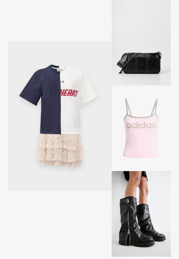 Tricou din bumbac, pe jumătate bleumarin și pe jumătate alb, cu un buzunar aplicat, cu inscripția brodată "HEART" în roșu, și o fustă din dantelă în nuanță deschisă de bej.; Top de culoare roz deschis cu dungi gri și bretele reglabile, având un mare logo gri "adidas" centrat. Material din bumbac.; Bocanci din piele negri, până la genunchi, cu un ștaif larg, având un fermoar pe lateral și accent cu cataramă, finisaj texturat și talpă din cauciuc masiv.; Geantă de umăr din piele neagră cu închidere cu fermoar, având un corp texturat, cusături albe și o curea cu ochiuri argintii.