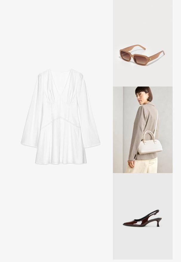 Bela bluza z dolgimi rokavi in V-izrezom, z nabranimi detajli na ramenskih delih, s čipkastimi dodatki in ohlapnim krojem, izdelana iz lahkega materiala.; Rjavi lakirani slingback čevelj z ostro konico in zmerno peto. Ima zaponko za varno prileganje. Gladka tekstura.; Rjavi pravokotni sončna očala z gradientnimi lečami, debelimi okvirji in detajlom logotipa na strani. Gladek plastičen material, minimalističen dizajn.; Bela strukturirana torba z kratkimi ročaji in naramnim trakom, z zlatimi okrasnimi elementi in teksturiranim materialom, prikazana na sivi podlagi.