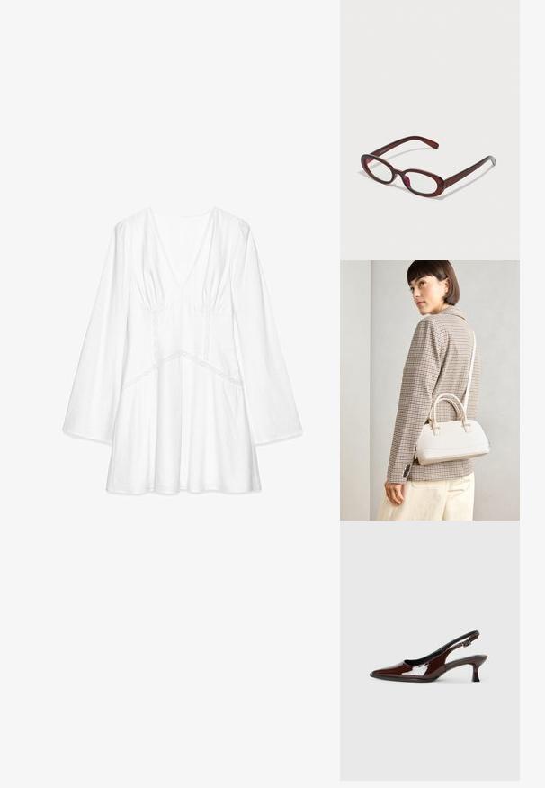 Balta ilgomis rankovėmis bluzonai su V-formos iškirpte, raukšlėmis ant pečių, nėrinių akcentais ir laisvu kirpimu, pagaminta iš lengvo audinio.; Rudos lakuoti odiniai slingback batai su smailiu pirštu ir vidutinio aukščio kulnu. Yra sagties dirželis, užtikrinantis tvirtą prigludimą. Lygus paviršius.; Ovalo formos raudoni akiniai su skaidriais lęšiais ir elegantiškais rudais rėmeliais. Dizainas pasižymi subtiliomis kreivėmis ir minimaliais detalėmis.; Balta struktūruota rankinė su trumpomis rankenomis ir peties diržu, su auksinėmis detalėmis ir tekstūruota medžiaga, pastatyta prieš pilką foną.