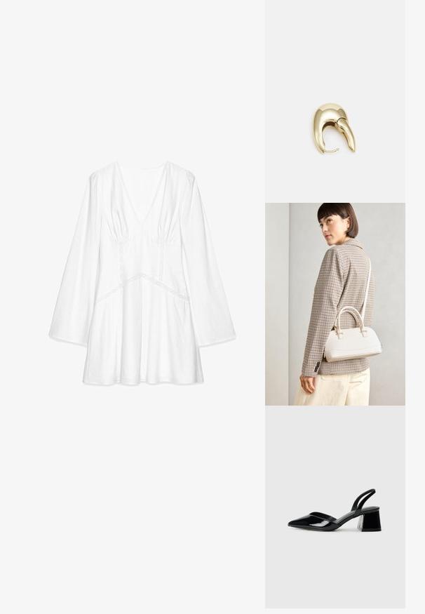 Weiße Langarmbluse mit V-Ausschnitt, Raffungen an den Schultern, Spitzenbesätzen und lockerer Passform, aus leichtem Stoff gefertigt.; Schwarze Lackleder-Slingback-High Heels mit spitzem Schuh und einem geometrischen Blockabsatz. Verfügt über ein schlankes, minimalistisches Design und eine glatte Textur.; Weiße strukturierte Handtasche mit kurzen Griffen und einem Schultergurt, ausgestattet mit goldfarbenen Hardware-Elementen und strukturiertem Material, vor einem grauen Hintergrund präsentiert.; Ohrringe aus goldfarbenem Metall mit einem schlanken, geschwungenen Design. Sie verfügen über eine markante, spitze Form, eine polierte Oberfläche und einen Scharnierverschluss.