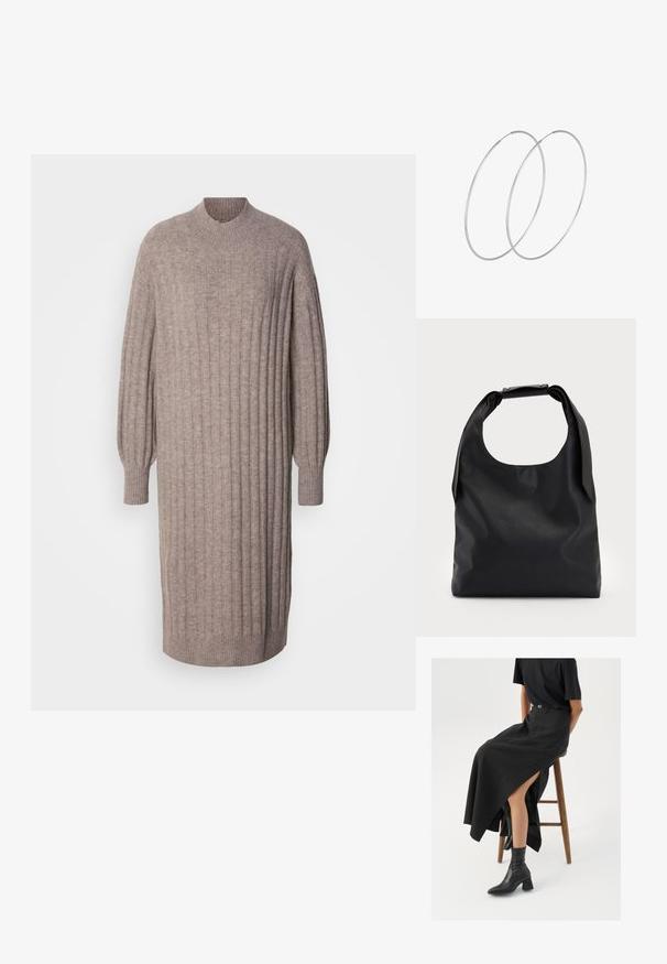Brede gebreide jurk in lichtbruin, met verticale ribbels, lange mouwen met taps toelopende manchetten en een hoge ronde hals. Glad oppervlak.; Zwarte linnen maxi rok met een hoge split, gedragen met een zwart T-shirt en zwarte enkellaarsjes. Minimalistisch ontwerp met een relaxte pasvorm.; Zwarte leren hobo-tas met een enkele, zachte, afgeronde handgreep; heeft een gladde textuur en een minimalistisch ontwerp. Geen zichtbare hardware of accenten.; Zilveren hoepel oorbellen met een minimalistisch ontwerp. Cirkelvormig, gladde textuur en dun profiel. Lichtgewicht met een gepolijste afwerking.