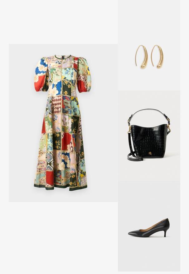 Višebojna patchwork haljina od pamuka s nabranim rukavima, okruglim izrezom i različitim cvjetnim i geometrijskim uzorcima. Dizajn pune dužine.; Crne kožne cipele s uskim vrhom, niskom petom i glatkom teksturom. Imaju blago otvaranje sprijeda i minimalne metalne detalje straga.; Crna torba od kože s uzorkom krokodila, zakrivljenog oblika, s zlatnim metalnim detaljima, podesivim remenom i logotipom sprijeda.; Zlatne metalne naušnice u obliku obruča s zakrivljenim, izduženim oblikom. Imaju glatku, sjajnu površinu i zaobljeni vrh za dodatni detalj.
