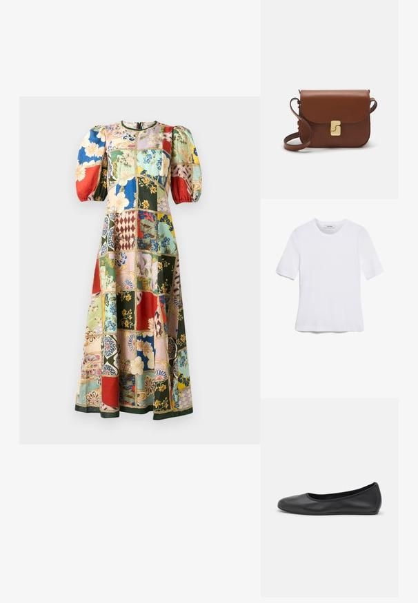 Kokvilnas daudzkrāsains plecu drēbes ar pūkainām piedurknēm, apaļu kakla izgriezumu, un dažādiem ziedu un ģeometriskiem rakstiem. Pilna garuma dizains.; Balta īsām piedurknēm T-krekls, izgatavots no ribota auduma. Apaļš izgriezums, regulāra piegriezuma un diskrēti šuvumu detaļas. Bez printiem vai grafikām.; Melna ādas baleta kurpe ar noapaļotu purngalu, gludu tekstūru, minimālu šuvju detalizāciju un elastīgu zoles dizainu.; Bordo ādas rokas soma ar atloku, zeltītām detaļām, plecu siksnu un gludu virsmu. Kompakta, taisnstūrveida forma.