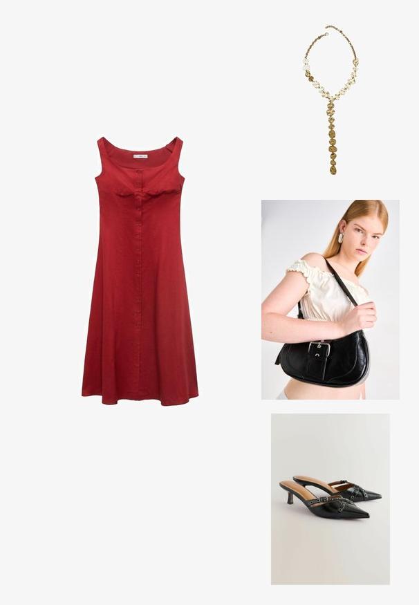 Červené šaty bez rukávů s těsným korzetem, kulatým výstřihem a zapínáním na knoflíky. Vyrobené z hladkého materiálu, mají rozšířenou sukni.; Černé kožené slingback podpatky se špičatými špičkami, zdobené dekorativními popruhy a očkovými detaily, na skromném stiletto podpatku. Hladký povrch.; Černá kožená kabelka přes rameno s zakřiveným tvarem, lesklým stříbrným kováním a odepinatelnou visačkou. Hladký povrch s jemnými švy.; Zlatý kovový náhrdelník s nepravidelnými texturovanými články a Y-tvarovým zavěšením, zvýrazněný centrálním přívěškem, který připomíná vrstvené mince.