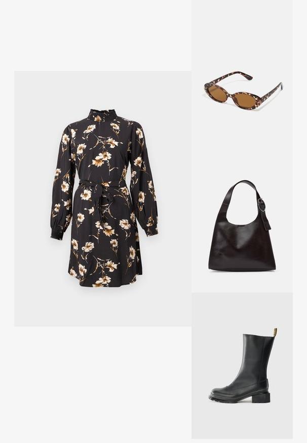 Vestido floral em tecido preto com padrão de flores brancas e castanhas, apresentando um colarinho alto pregueado, mangas bufantes e uma cintura atada.; Botim de pele preta até ao tornozelo com um salto bloco, textura lisa, biqueira arredondada e uma aba de salto com uma marcação amarela.; Óculos de sol em tartaruga com lentes ovais, com tonalidade castanha, hastes finas com padrão texturizado, estrutura leve em plástico.; Bolsa de ombro em pele castanha com uma textura suave, forma arredondada, alça larga e um detalhe metálico circular na pega.