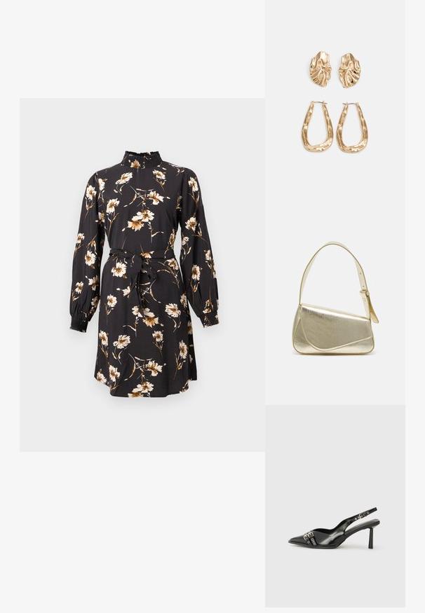 Crna haljina s cvjetnim uzorkom u bež i zlatnoj boji. Ima visoki naborani ovratnik, dugačke rukave i vezu u struku za oblikovanje.; Crna lakirana slingback cipela s izduženim vrhom, remenčićima oko gležnja s srebrnim kopčama i dijelovima, te vitkim potplatom.; Zlatna metalna torba s uređenim dizajnom, glatkom teksturom i podesivim remenom. Ima jedinstven trokutasti oblik i minimalističko šivanje.; Naušnice zlatne boje s teksturiranim, valovitim oblicima. Uključuju skulpturalne kopče i dizajn otvorene kružnice s kovanom završnom obradom.