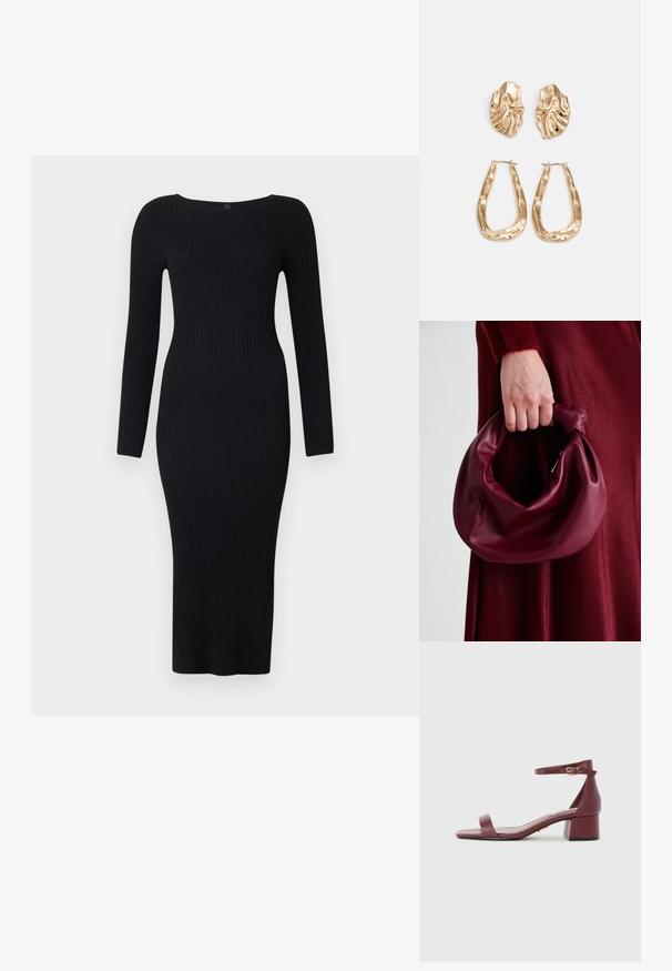 Vestido preto de manga longa com um corte ajustado, decote redondo e bainha reta, feito de um tecido texturado elástico.; Sandal de couro bordô com ponta quadrada, tira fina no tornozelo, detalhes em dourado e salto bloco robusto. Textura suave e design minimalista.; Bolsa de couro bordô com um design suave e franzido, e uma forma arredondada. A alça é fixa, apresentando uma textura suave.; Brincos em tom de ouro com formas onduladas e texturizadas. Inclui studs escultóricos com presilha e um design de argola aberta com um acabamento martelado.