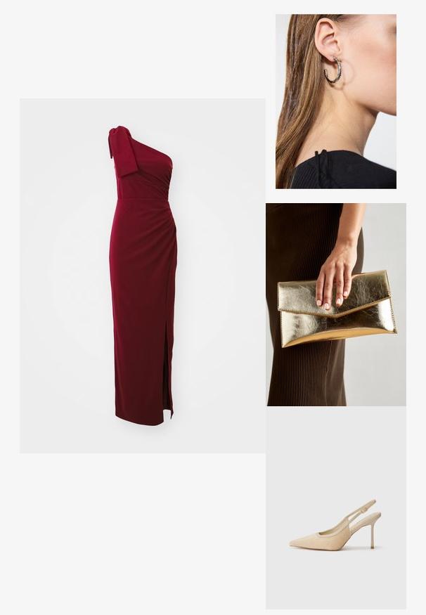 Jednobočný vínový šat, přiléhavý korzet s drapérií, detail s bočním roz parkem a jemnou texturou. Krátký rukáv s akcentem uzlu. Dlouhá délka.; Béžové lodičky na klínku s špičatou špičkou, vyrobené z texturovaného materiálu, s úzkým podpatek a nastavitelným páskem.; Zlatá metalická kabelka typu clutch s hladkým povrchem, s trojúhelníkovým zavíráním. Ruka, která ji drží, má pečlivě upravené nehty.; Stříbrný kruhový náušník s lesklým povrchem, zdobený malými zlatými akcenty, v kulatém tvaru, nošený na lalůčku.