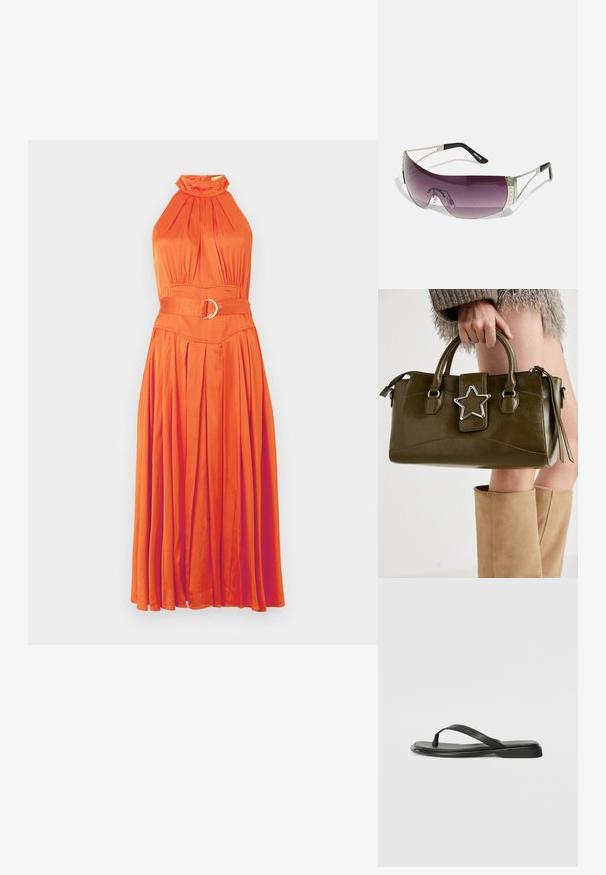 Narančasta halter haljina s plisiranim suknjom, skupljenim dekolteom i pojasom s okruglom kopčom. Svilen, gladak materijal.; Crne japanke od glatke kože, s tankim remenčićem i ravnim potplatom minimalističkog profila. Bez značajnih uzoraka ili akcenata.; Naočale sa velikim, zakrivljenim ljubičastim staklima, srebrnim metalnim naglascima i crnim drškama sa logotipom. Vidljivi su teksturirani detalji na okviru.; Maslinasto zelena torba od umjetne kože s srebrnim zvijezdastim detaljem, dvostrukim ručkama i zatvaranjem na munje. Teksturirana površina i strukturirani oblik.