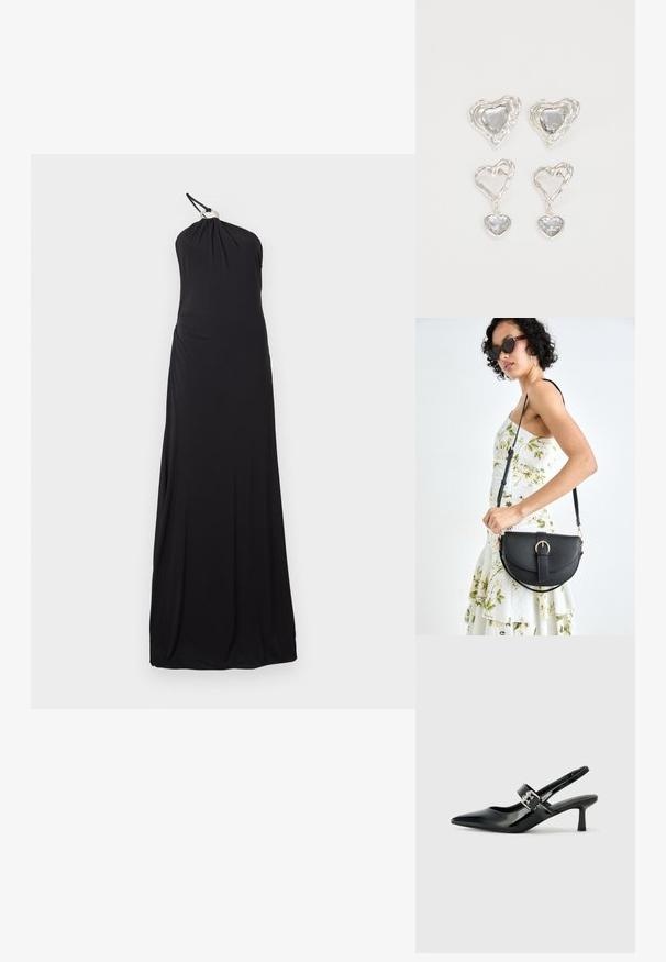 Černé šaty s halter krkem vyrobené z měkkého, elastického materiálu. Mají zavěšený design s přiléhavým korzetem a volnou sukní. Bez výrazných ozdob.; Černé lakované boty na podpatku typu slingback s špičatou špičkou a malým blokovým podpatkem, které mají na pásku stříbrný přezkový akcent.; Černá kožená kabelka s křivkovým tvarem, odnímatelným popruhem a zlatými detaily. Kabelka má klopu s přezkou.; Stříbrné náušnice ve tvaru srdce mají fasetované průhledné kameny a texturovaný rám. Sada zahrnuje styl pecek a visacích náušnic.