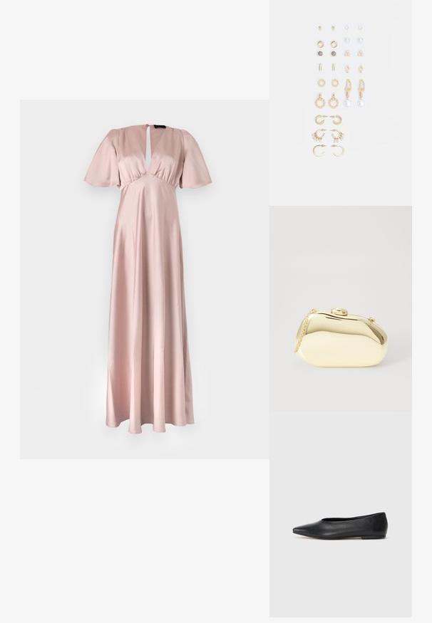 Lang, bleg rosa satin kjole med en nøglehul-neckline, korte flæser og en svævende nederdel. Glat tekstur, minimale designdetaljer.; Sort læder balletflade, spidse tæer, minimalistsk design, glat tekstur, lav hæl, ingen synlig hardware eller udsmykninger.; Metallic guld clutch med en glat, rund form, udstyret med en topknap-lås og et lille kædehåndtag til bæring.; Sæt af guldfarvede øreringe med forskellige designs, herunder studs, hoops og hængende modeller med perler og rhinsten.
