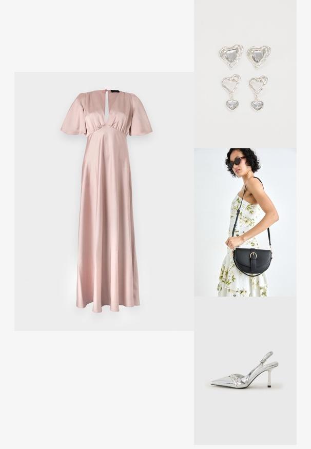 Pikk, hele roosa satiinkleit, millel on avatud kaelus, lühikesed lehvivad varrukad ja voogav seelik. Sisel mõõdetud tekstuur, minimaalsed disainielemendid.; Hõbedased slingback kõrged kontsad terava ninaga, metalne viimistlus, kaks dekoratiivset rihma ja sihvakad kontsad musta otsaga.; Mustmust mustraha kõverate joontega, eemaldatava rihmaga ja kuldsete detailidega. Kotil on klapp, millel on pandladetail.; Hõbedased südamekujulised kõrvarõngad on kaunistatud lõhikute ja selgete kividega ning neil on tekstureeritud raam. Komplekti kuuluvad kõrvarõngad nupud ja rippuvad mudelid.