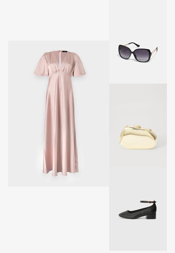 Lange, lichtroze satijnen jurk met een sleutelgat halslijn, korte flap mouwen en een vloeiende rok. Vlekkeloze textuur, minimale ontwerpdetails.; Zwarte leren pump met een spitse neus en een lage blokhak. Beschikt over een enkelband met een goudkleurige gespsluiting. Gladde textuur.; Zwarte oversized zonnebril met gradient glazen, dikke montuur en gouden kettingdetails op de pootjes.; Metalen gouden clutch met een gladde, ronde vorm, voorzien van een bovenste knoopsluiting en een kleine kettingband om mee te dragen.