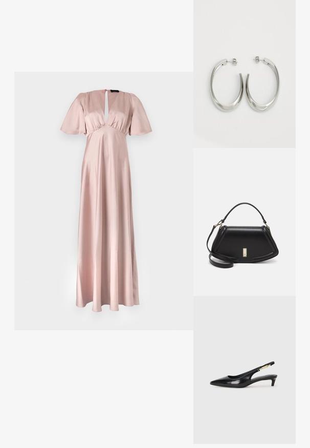 Langes, hellrosa Satin-Kleid mit Schlitz-Ausschnitt, kurzen, schwungvollen Ärmeln und fließendem Rock. Glatte Textur, minimalistische Design-Details.; Schwarze Leder-Slingback-Pumps mit spitzem Schuhblatt, ausgestattet mit einem schlanken Absatz und einem goldfarbigen Akzent am verstellbaren Riemen. Glatte Textur.; Schwarze Lederhandtasche mit einem strukturierten Design, das eine verkürzte Form, einen oberen Griff und goldfarbene Hardware-Details aufweist. Verstellbarer Schulterriemen ist enthalten.; Silberne Creolen mit einem glatten, geschwungenen Design. Mit einem glänzenden metallischen Finish und Steckverschluss. Keine sichtbaren Muster oder Akzente.