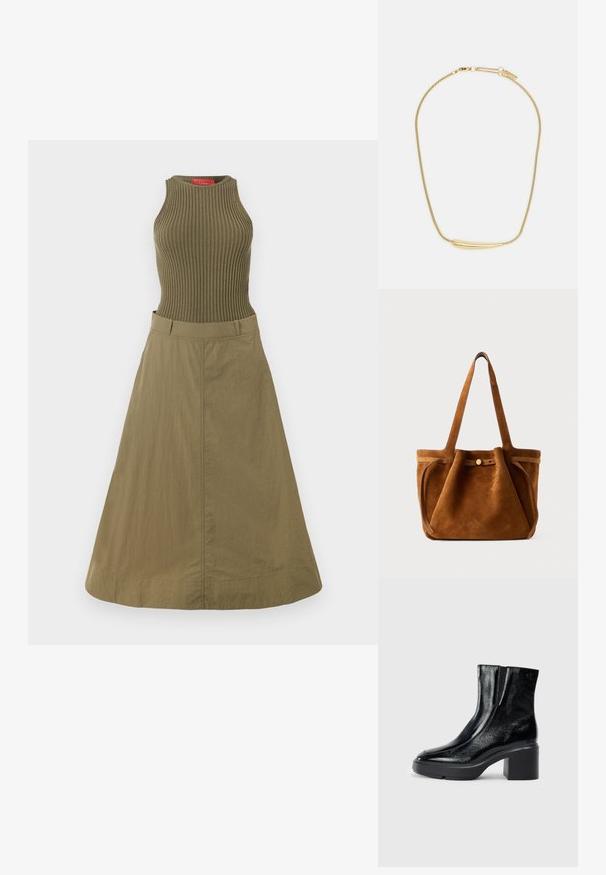 Olīvu zaļš kleita ar ribotu krūšturi un plūstošu svārku. Audums ir gluds, un dizains ietver pieguļošu jostu un plašu apakšmalu.; Melnas lakotas ādas potītes zābaki ar izliekto purngalu, elastīgām sānu paneļiem un masīvu blokveida papēdi. Aizmugurē ir izsistā logo.; Brūns zamšs tote soma ar divām roktēm, pogu aizdari un brīvu, nedaudz izplūdušu formu.; Zelta apšuvuma kaklarota ar gludu, izliekta centrālo akcentu. Iekļauj elastīgu ķēdi ar homaru slēdzeni un papildu regulējamām ķēdes saitēm.