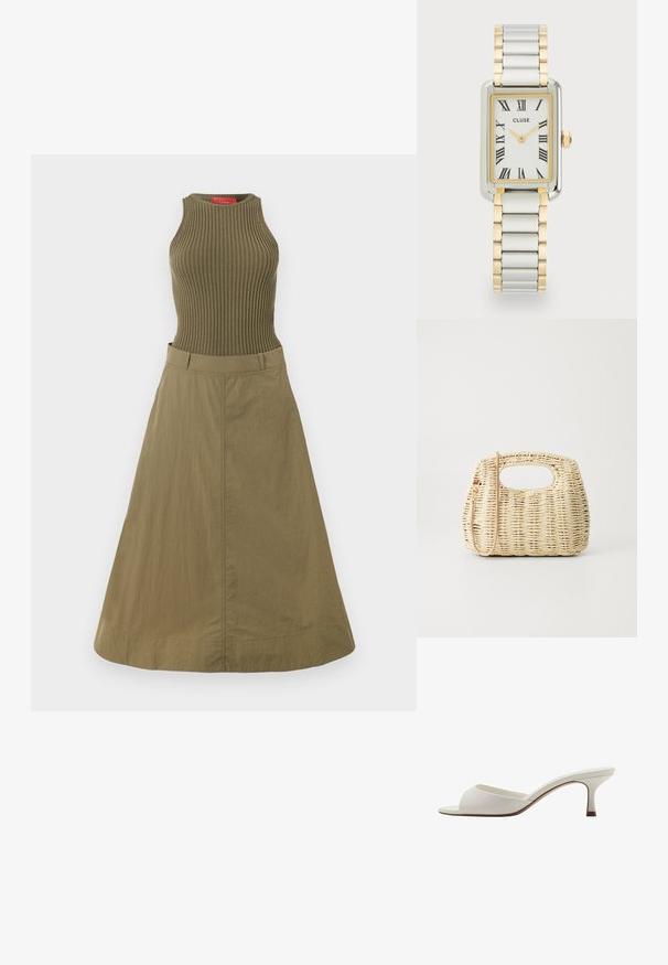 Olive green dress with ribbed tank top and flowy skirt. The fabric has a smooth texture, and the design features a fitted bodice and wide hem.; White open-toed high-heeled mules with a smooth finish, minimalist design, and a slender heel, featuring a subtle brown accent on the sole.; Woven straw handbag in light beige with a rounded body, open top, and a detachable strap. Notable texture and intricate weave pattern.; Cluse BELISSENA WATCH - Watch - silver-coloured/gold-coloured; Gold-tone hoop earrings with a twisting design, featuring a ribbed texture and a smooth finish. Lightweight and hollow construction.