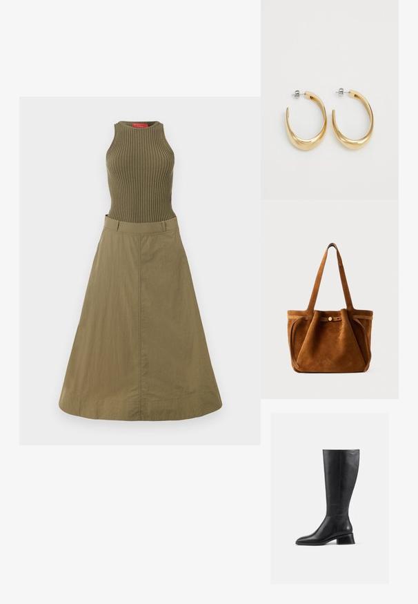 Olivengrøn kjole med ribbet top og let skørt. Stoffet har en glat overflade, og designet har en tætsiddende liv og en bred nederkant.; Støvle i sort læder, der går til knæene, med rund tå og lav blokhæl. Har en glat tekstur og minimal syning.; Brun suede tote taske med dobbelthåndtag, en lukning med knap og en afslappet, let slaskete form.; Guldfarvede hoop øreringe med et glat, buet design. Fremstillet af metal, med en elegant overflade og post-back lukning.