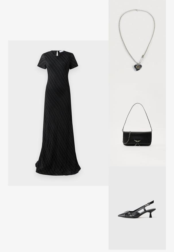 Vestido preto até ao chão com mangas curtas, riscas diagonais subtis e uma pequena abertura em forma de gota na parte de trás do decote.; Sapato slingback em couro preto com biqueira fina, tiras decorativas com ilhós de metal e um pequeno salto quadrado. Superfície texturizada.; Saco de couro preto com uma alça de corrente prateada, apresentando ornamentos em forma de asas e costura branca ao longo da costura inferior.; Colar de corrente de prata com um pendente preto em forma de coração, com detalhes dourados e um alfinete de segurança brilhante preso perto do pendente.