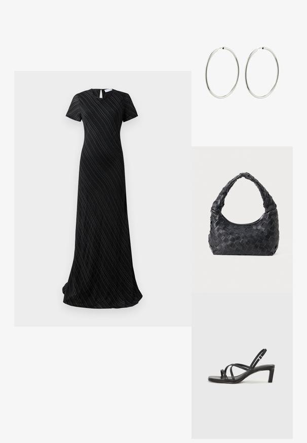 Czarna sukienka maxi z krótkimi rękawami, subtelnymi ukośnymi paskami i małym otworem w kształcie dziurki z tyłu dekoltu.; Czarne sandały na obcasie z prostokątnym noskiem i niskim słupkowym obcasem. Posiadają wiele cienkich pasków i regulowany pasek na kostkę. Wykonane z gładkiej skóry.; Czarna skórzana torebka na ramię pleciona, z okrągłym uchwytem i kształtem półksiężyca na jednolitym tle.; Srebrne kolczyki w kształcie kół z gładkim, wypolerowanym wykończeniem. Okrągły kształt, jednolita szerokość, zaprojektowane z myślą o łatwym zapięciu. Proste i eleganckie.