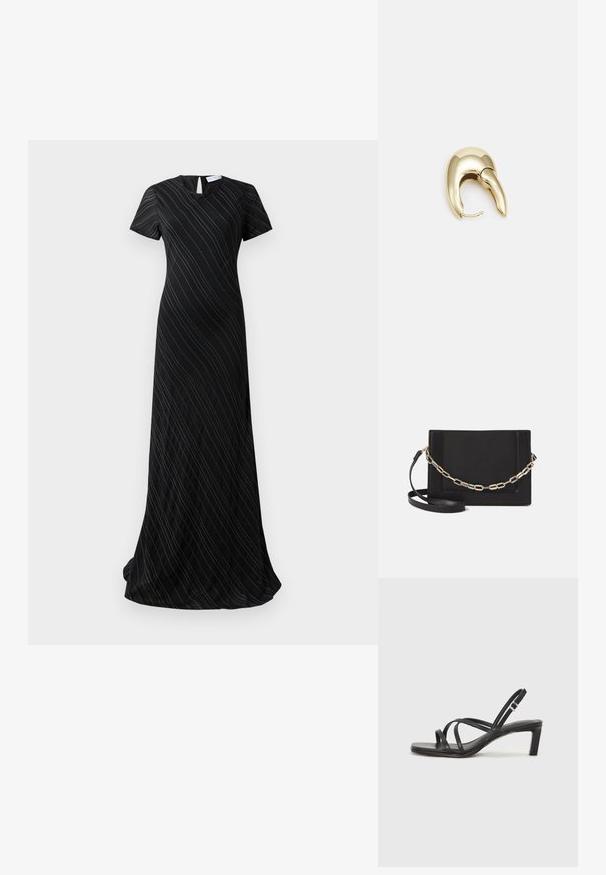Czarna sukienka maxi z krótkimi rękawami, subtelnymi ukośnymi paskami i małym otworem w kształcie dziurki z tyłu dekoltu.; Czarne sandały na obcasie z prostokątnym noskiem i niskim słupkowym obcasem. Posiadają wiele cienkich pasków i regulowany pasek na kostkę. Wykonane z gładkiej skóry.; Czarna skórzana torebka typu crossbody z gładką teksturą, prostokątnym kształtem oraz metalowym detalem w postaci łańcuszka z przodu. W zestawie regulowany pasek.; Złote metalowe kolczyki o eleganckim, zakrzywionym kształcie. Posiadają charakterystyczny szpiczasty kształt, polerowaną powierzchnię oraz zapięcie na zawias.