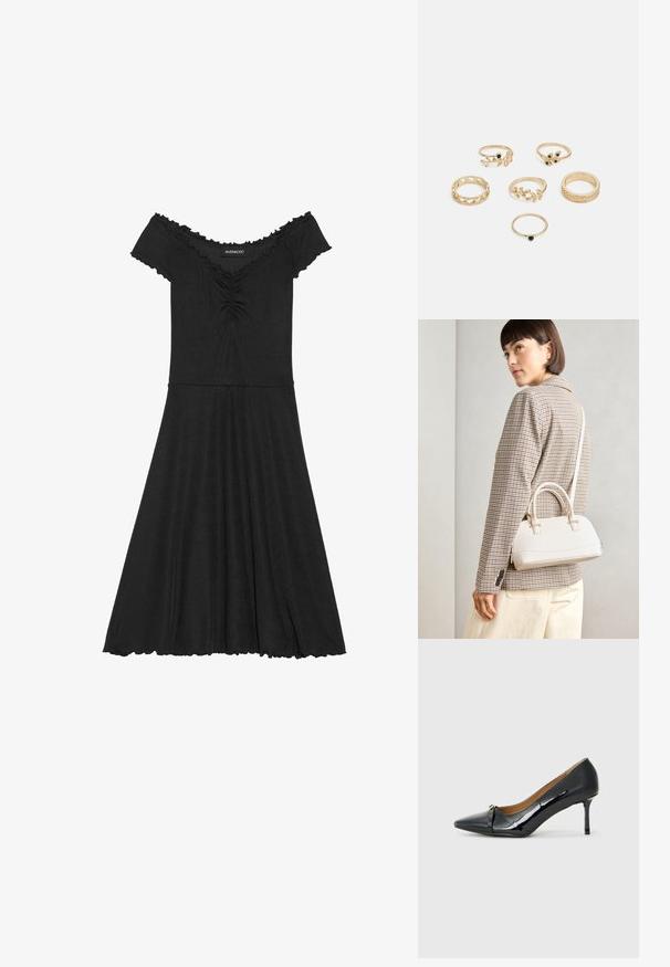 Schwarzes schulterfreies Kleid aus geripptem Stoff, mit tailliertem Oberteil, ausgestelltem Rock und gewelltem Detail am Ausschnitt.; Schwarzer Lackleder-Pumps mit spitzem Zehenbereich, dekorativem Riemen vorne und schmalem Stiletto-Absatz.; Weiße strukturierte Handtasche mit kurzen Griffen und einem Schultergurt, ausgestattet mit goldfarbenen Hardware-Elementen und strukturiertem Material, vor einem grauen Hintergrund präsentiert.; Set aus sechs goldenen Ringen mit verschiedenen Designs: geflochten, mit Blattmotiven und soliden Bändern; einige mit grünen Edelsteinen akzentuiert.