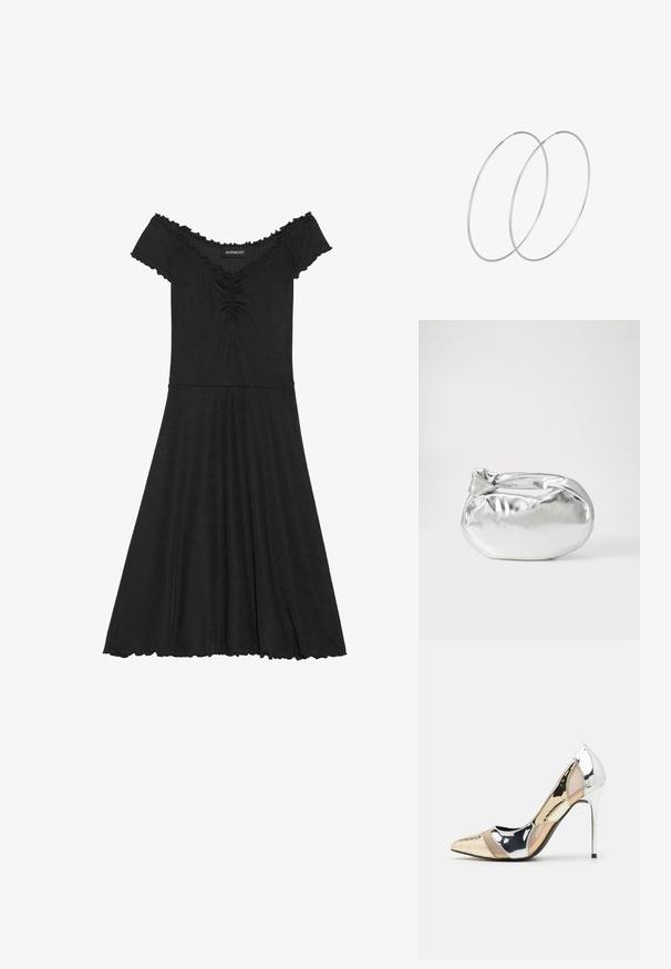 Juoda su pečių nuleista suknelė, pagaminta iš raštuotos medžiagos, su prigludusia sijonu, platėjančia suknele ir apvaliais apdailos elementais ant iškirptės.; Aštrus pirštas aukštakulnis batelis su sidabro, aukso ir nuogų spalvų deriniu. Blizgus paviršius su išpjovos dizainu, su stiletto kulnu.; Sidabrinė metalinė maišelio forma su švelnia, apvalia forma ir mazgu užveriamu viršumi. Pagaminta iš lygios dirbtinės odos medžiagos.; Sidabrinės pusmėnulio auskarai minimalistiniu dizainu. Apskritimo forma, lygus paviršius ir plonas profilis. Lengvi su poliruotu apdailu.