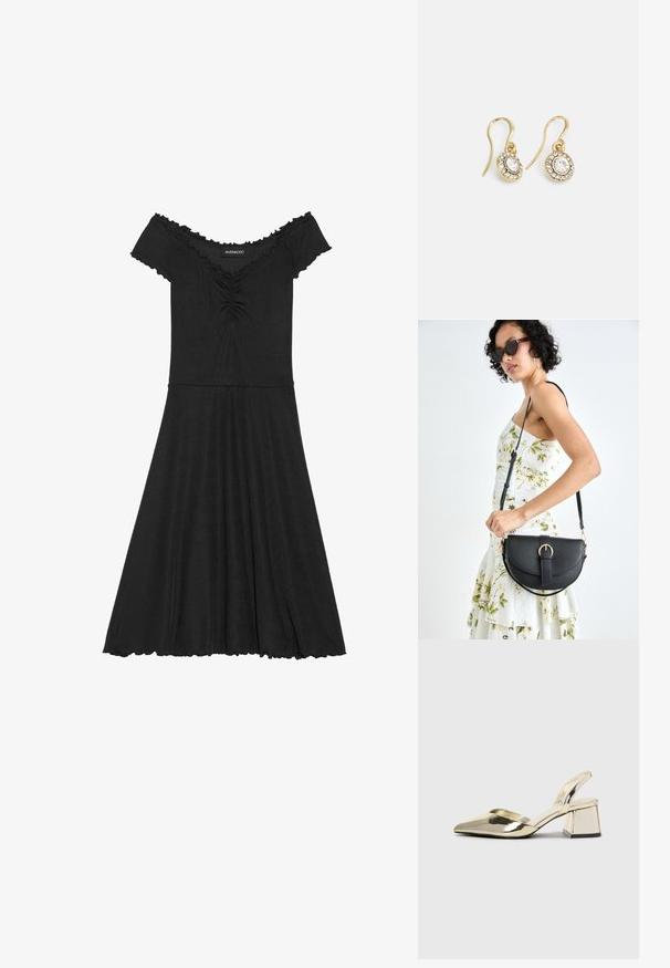 Črna obleka brez naramnic iz rebraste tkanine, ki se ponaša s prilegajočim korzetom, razširjenim krilom in valovitim detajlom na dekolteju.; Zlati, kovinski slingback čeveljci z ostrim nosom in masivnim peto. Gladka tekstura, minimalistična zasnova in ozka zanka.; Črna usnjena torbica s ukrivljeno obliko, z odstranljivo naramnico in zlatimi dodatki. Torbica ima pokrov s podrobnostmi v obliki zaponke.; Zlato obarvani uhani z ovalnimi prozornimi kristali, ki jih obdajajo manjši prozorni kamenčki, s sistemom za oblačenje za varno nošenje.