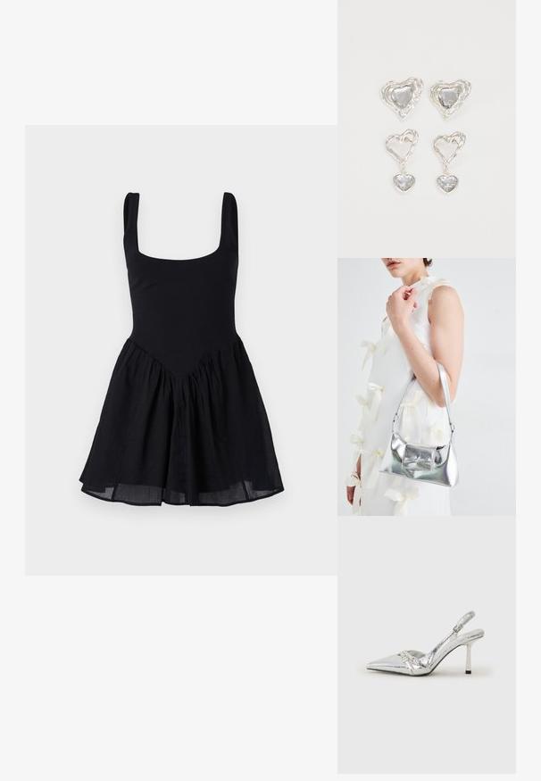 Μαύρο φόρεμα με εφαρμοστό κορσέ και φουσκωτή, στρωματωτή φούστα. Διαθέτει τετράγωνη λαιμόκοψη και φαρδιές τιράντες, φτιαγμένο από ελαφρύ ύφασμα.; Ασημένια ψηλοτάκουνα παπούτσια slingback με μυτερή μύτη, μεταλλική φινέτσα, δύο διακοσμητικές λωρίδες και λεπτό τακούνι με μαύρη άκρη.; Ασημί μεταλλική τσάντα με δομημένο σχήμα, διαθέτει χειρολαβή στην κορυφή και λεπτομέρεια με φιόγκο μπροστά. Λείος υφάσματος, ανακλαστική επιφάνεια.; Ασημένια σκουλαρίκια σε σχήμα καρδιάς, με φωτεινές διαφανείς πέτρες και υφή στο πλαίσιο. Το σετ περιλαμβάνει σκουλαρίκια καρφωτά και κρεμαστά.